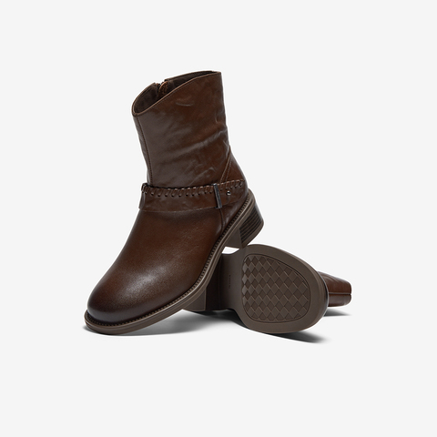 Bata时装靴女2025冬商场新款抓纹羊皮通勤百搭粗跟短筒靴23801DD5