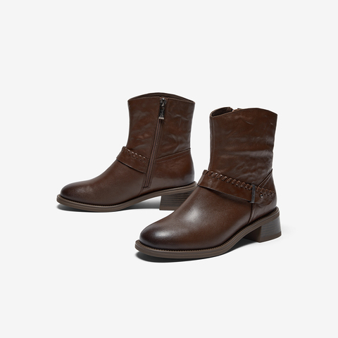 Bata时装靴女2025冬商场新款抓纹羊皮通勤百搭粗跟短筒靴23801DD5