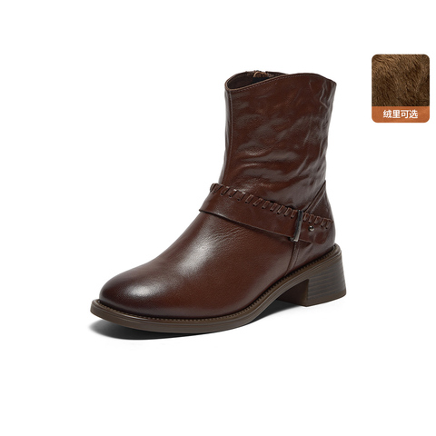 Bata时装靴女2025冬商场新款抓纹羊皮通勤百搭粗跟短筒靴23801DD5