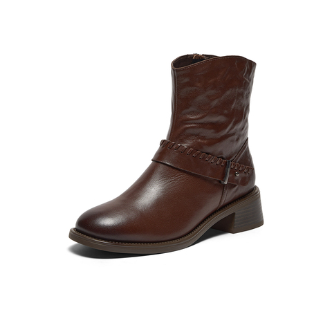 Bata时装靴女2025冬商场新款抓纹羊皮通勤百搭粗跟短筒靴23801DD5