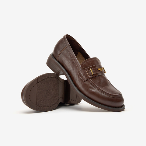 Bata乐福鞋女2025秋季新款英伦牛皮粗跟通勤一脚蹬单鞋15711CA5