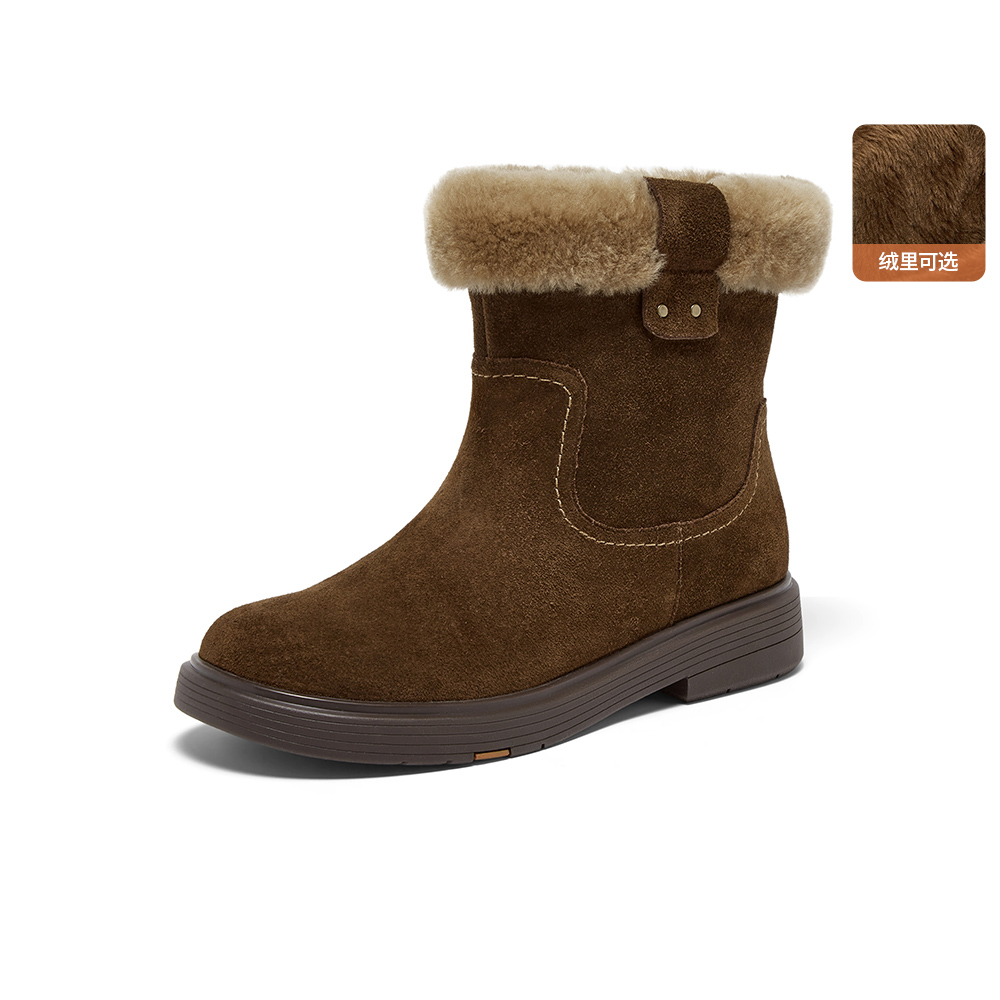 Bata雪地靴女2025冬商场新款牛剖皮保暖粗跟时尚毛毛短靴AKQ58DD5