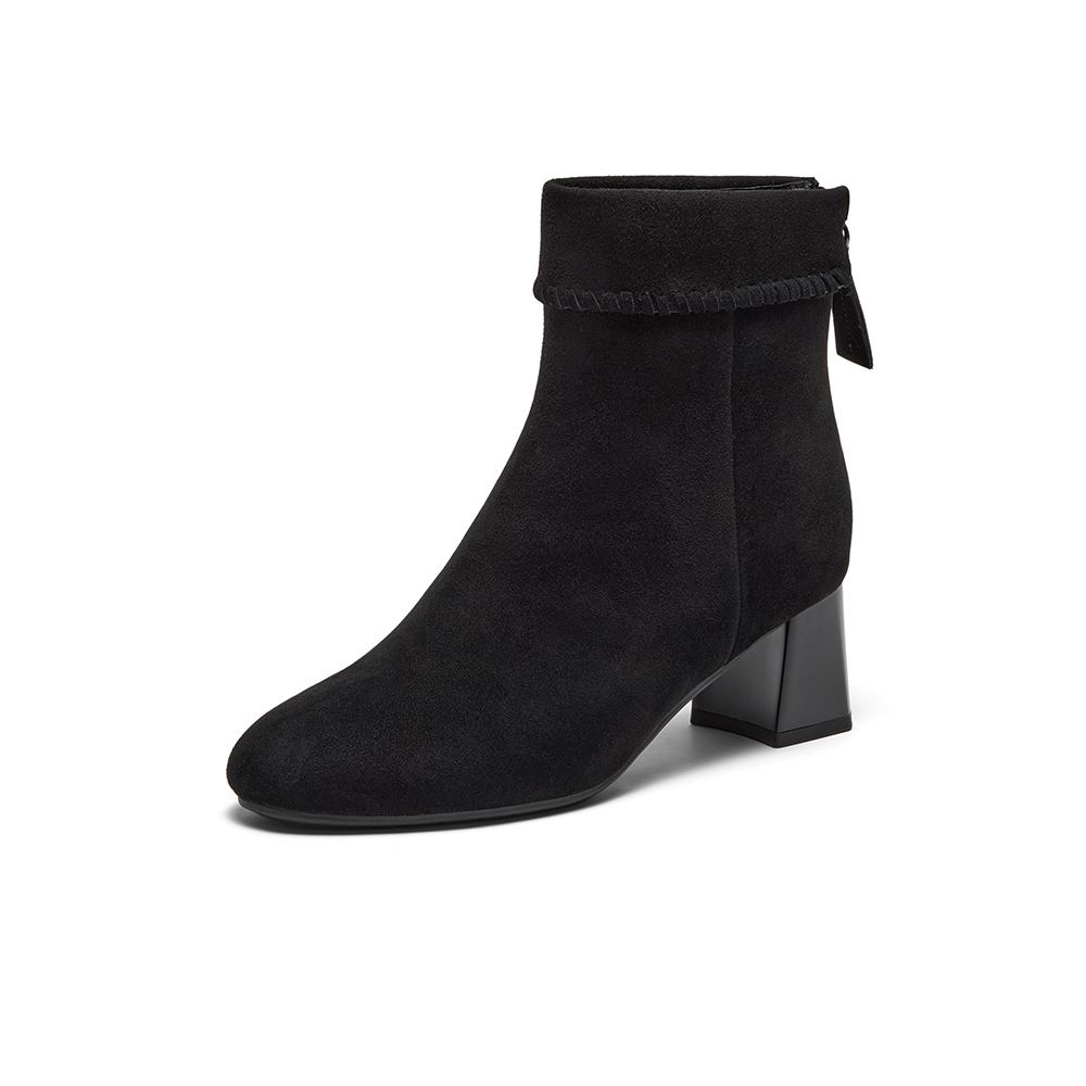 Bata时装靴女2025冬季商场新款粗跟百搭羊皮软底短筒靴ALV58DD5