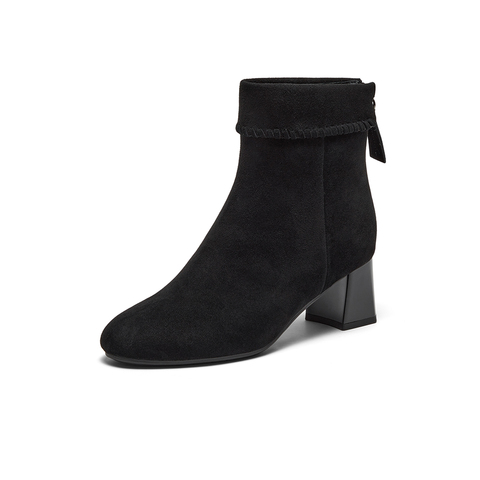 Bata时装靴女2025冬季商场新款粗跟百搭羊皮软底短筒靴ALV58DD5