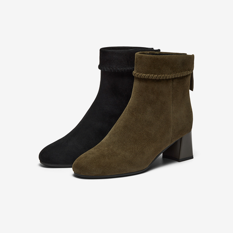 Bata时装靴女2025冬季商场新款粗跟百搭羊皮软底短筒靴ALV58DD5