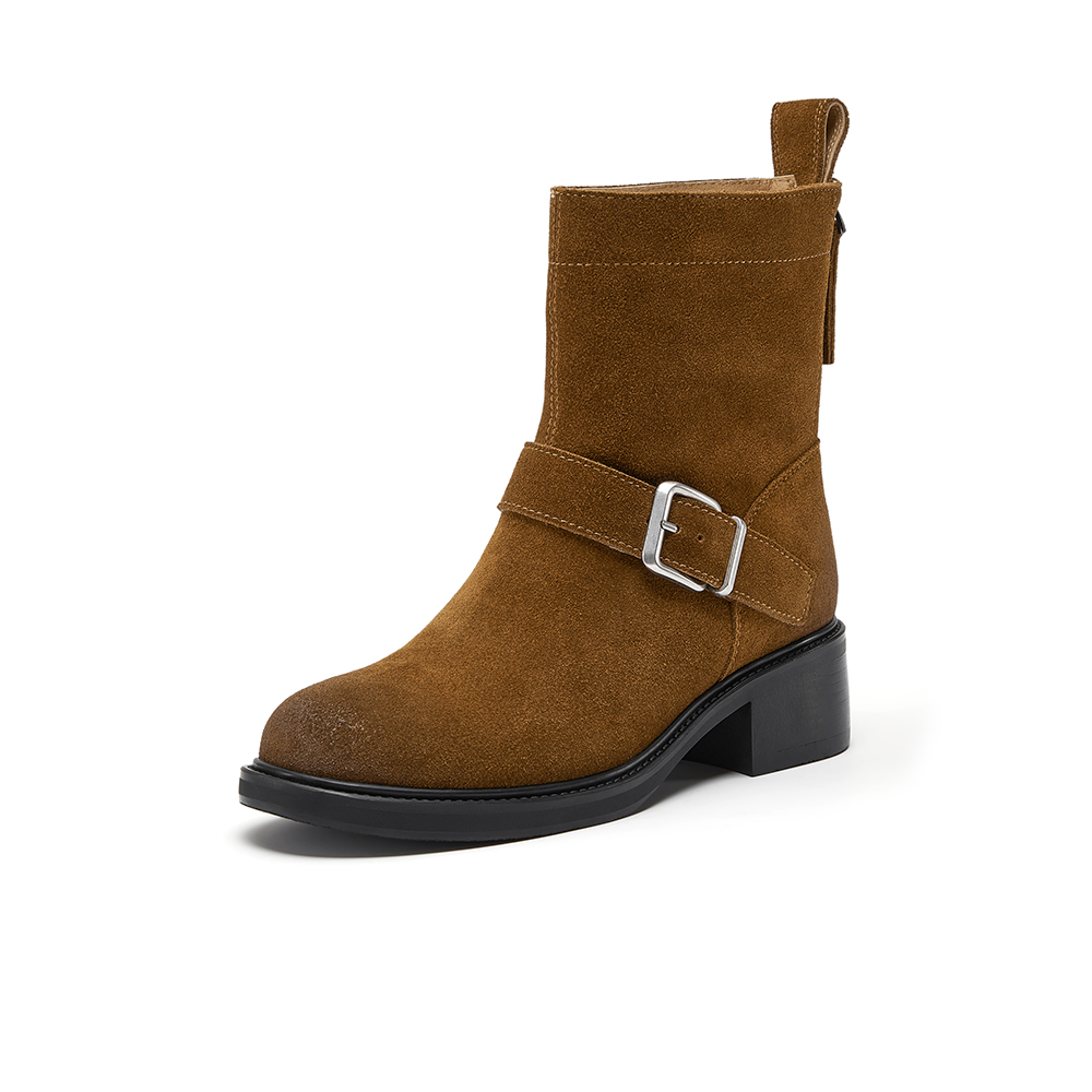 Bata时装靴女2025冬商场新款牛剖皮复古粗跟牛仔时装靴25109DZ5