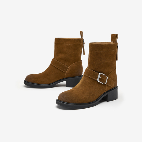 Bata时装靴女2025冬商场新款牛剖皮复古粗跟牛仔时装靴25109DZ5