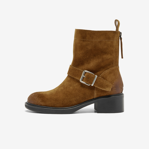 Bata时装靴女2025冬商场新款牛剖皮复古粗跟牛仔时装靴25109DZ5