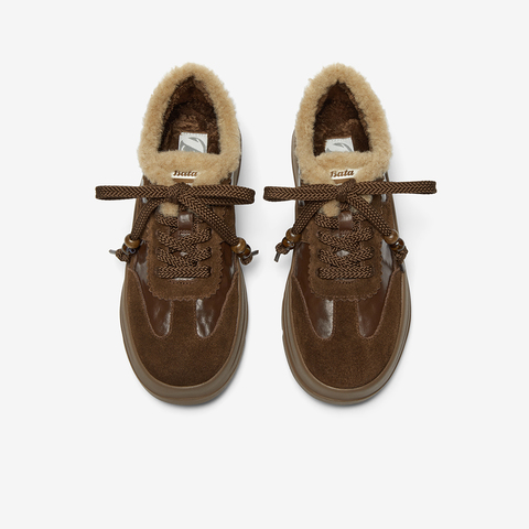 Bata休闲鞋女2025冬季新款舒适通勤厚底毛毛德训运动鞋AD120DM5