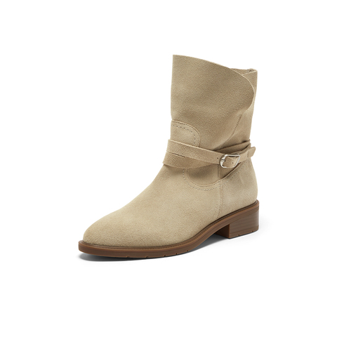 Bata西部靴女2025冬季新款牛剖皮百搭复古时尚中筒时装靴AXG65DZ5