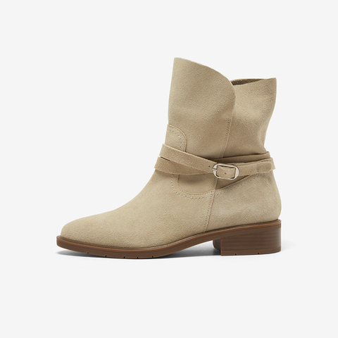 Bata西部靴女2025冬季新款牛剖皮百搭复古时尚中筒时装靴AXG65DZ5