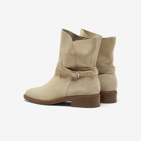 Bata西部靴女2025冬季新款牛剖皮百搭复古时尚中筒时装靴AXG65DZ5