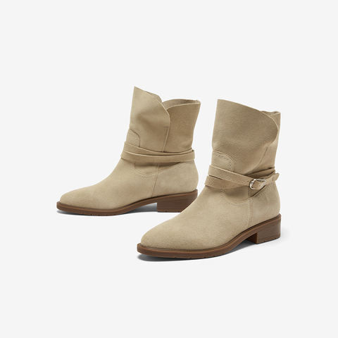 Bata西部靴女2025冬季新款牛剖皮百搭复古时尚中筒时装靴AXG65DZ5