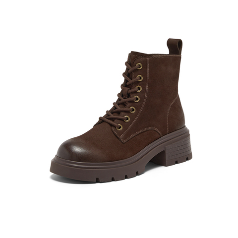 Bata英伦马丁靴女2025冬季新款牛皮粗跟百搭复古短靴6807DDD5