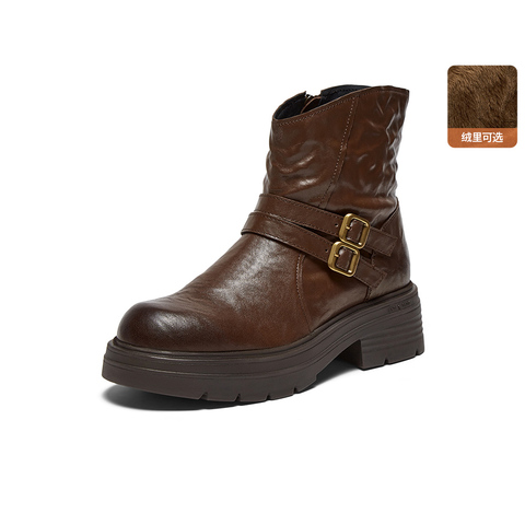 Bata时装靴女2025冬季商场新款百搭羊皮通勤粗跟短筒靴AGC47DD5