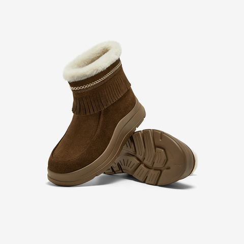 Bata雪地靴女2025冬商场新款牛剖皮保暖厚底流苏百搭短靴AD125DD5