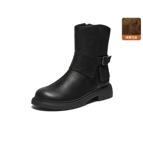 Bata西部靴女2025冬商场新款牛皮百搭复古牛仔中筒时装靴AD741DZ5
