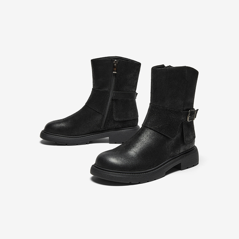 Bata西部靴女2025冬商场新款牛皮百搭复古牛仔中筒时装靴AD741DZ5