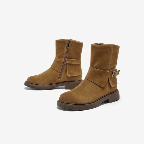 Bata西部靴女2025冬商场新款牛皮百搭复古牛仔中筒时装靴AD741DZ5