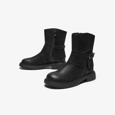 Bata西部靴女2025冬商场新款牛皮百搭复古牛仔中筒时装靴AD741DZ5