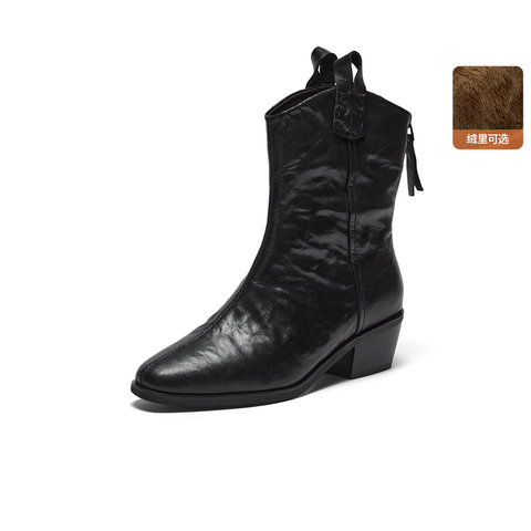 Bata西部靴女2025冬季商场新款羊皮百搭复古牛仔时装靴8931DDS5