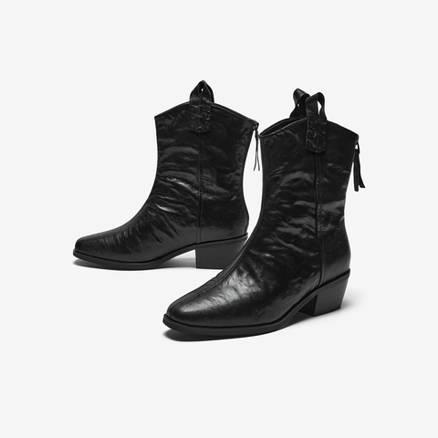 Bata西部靴女2025冬季商场新款羊皮百搭复古牛仔时装靴8931DDS5