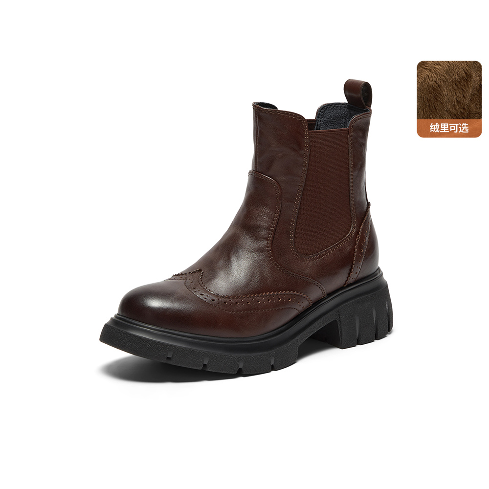 Bata切尔西靴女2025冬商场新款英伦风牛皮粗跟通勤短筒靴UWL04DD5