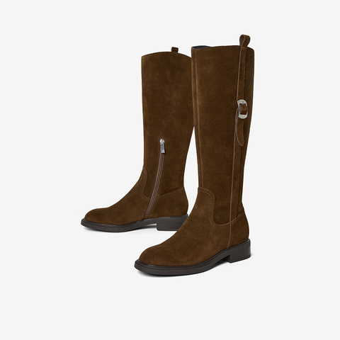 Bata西部靴女2025冬季商场新款牛剖皮粗跟显瘦长筒牛仔靴AKL85DG5