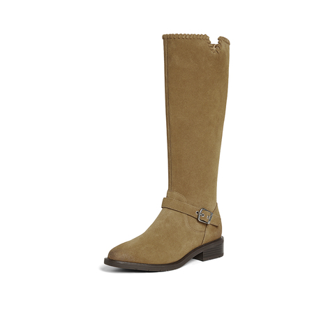 Bata西部靴女2025冬季商场新款英伦牛仔靴粗跟牛剖皮长靴AXG66DG5