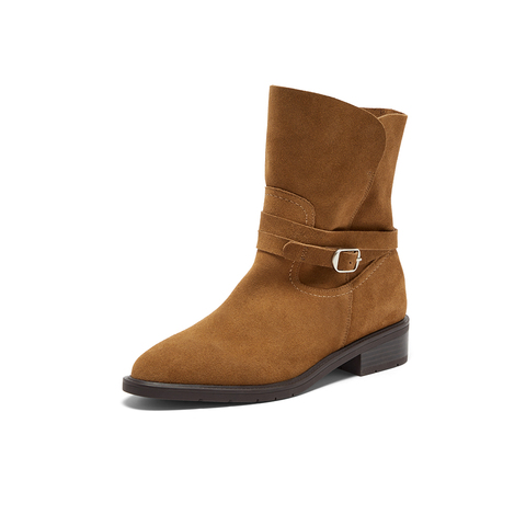 Bata西部靴女2025冬季新款牛剖皮百搭复古时尚中筒时装靴AXG65DZ5