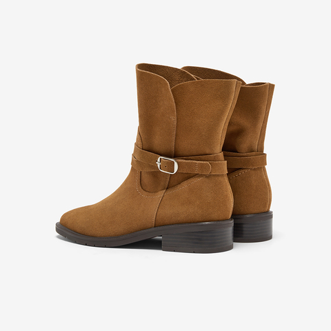 Bata西部靴女2025冬季新款牛剖皮百搭复古时尚中筒时装靴AXG65DZ5