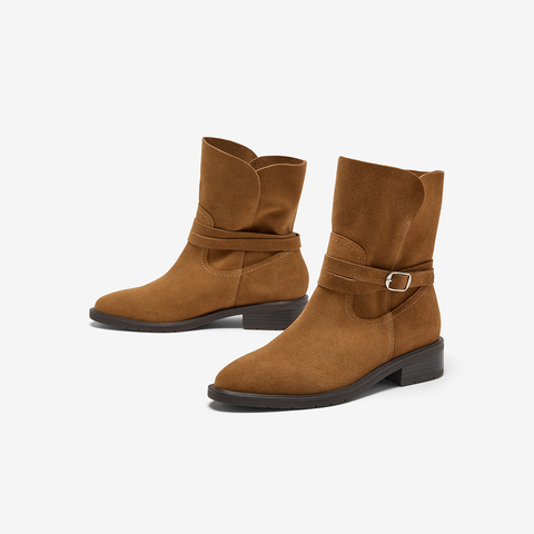 Bata西部靴女2025冬季新款牛剖皮百搭复古时尚中筒时装靴AXG65DZ5