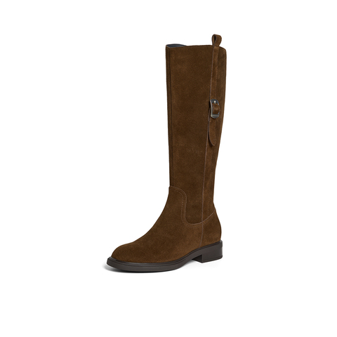 Bata西部靴女2025冬季商场新款牛剖皮粗跟显瘦长筒牛仔靴AKL85DG5