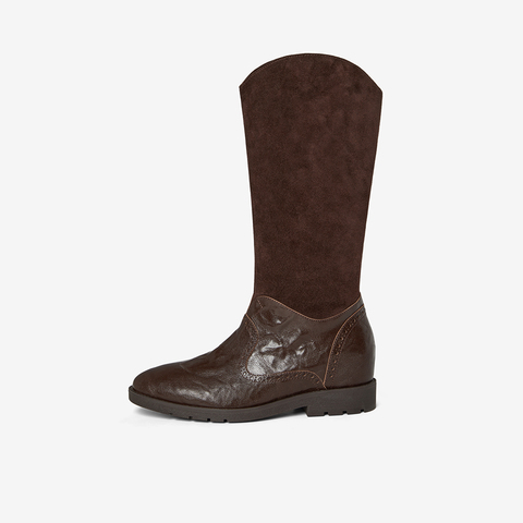 Bata西部靴女2025冬商场新款英伦牛仔靴粗跟牛羊皮长筒靴67012DG5