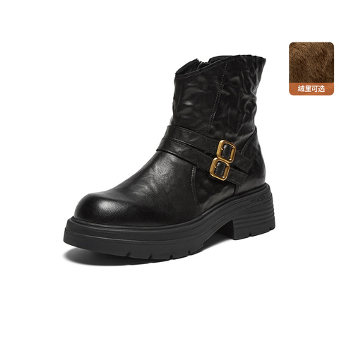 Bata时装靴女2025冬季商场新款百搭羊皮通勤粗跟短筒靴AGC47DD5