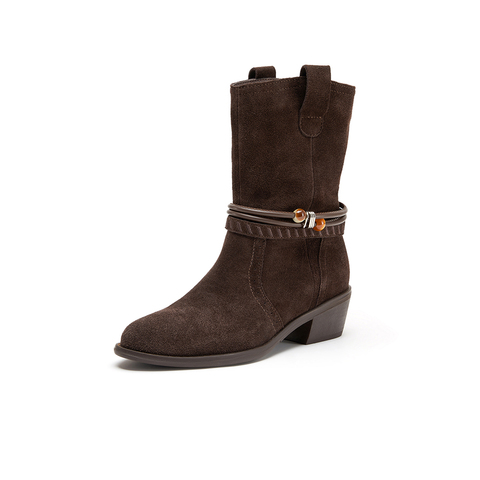 Bata西部靴女2025冬季商场新款复古牛剖皮粗跟西部牛仔靴03127DZ5