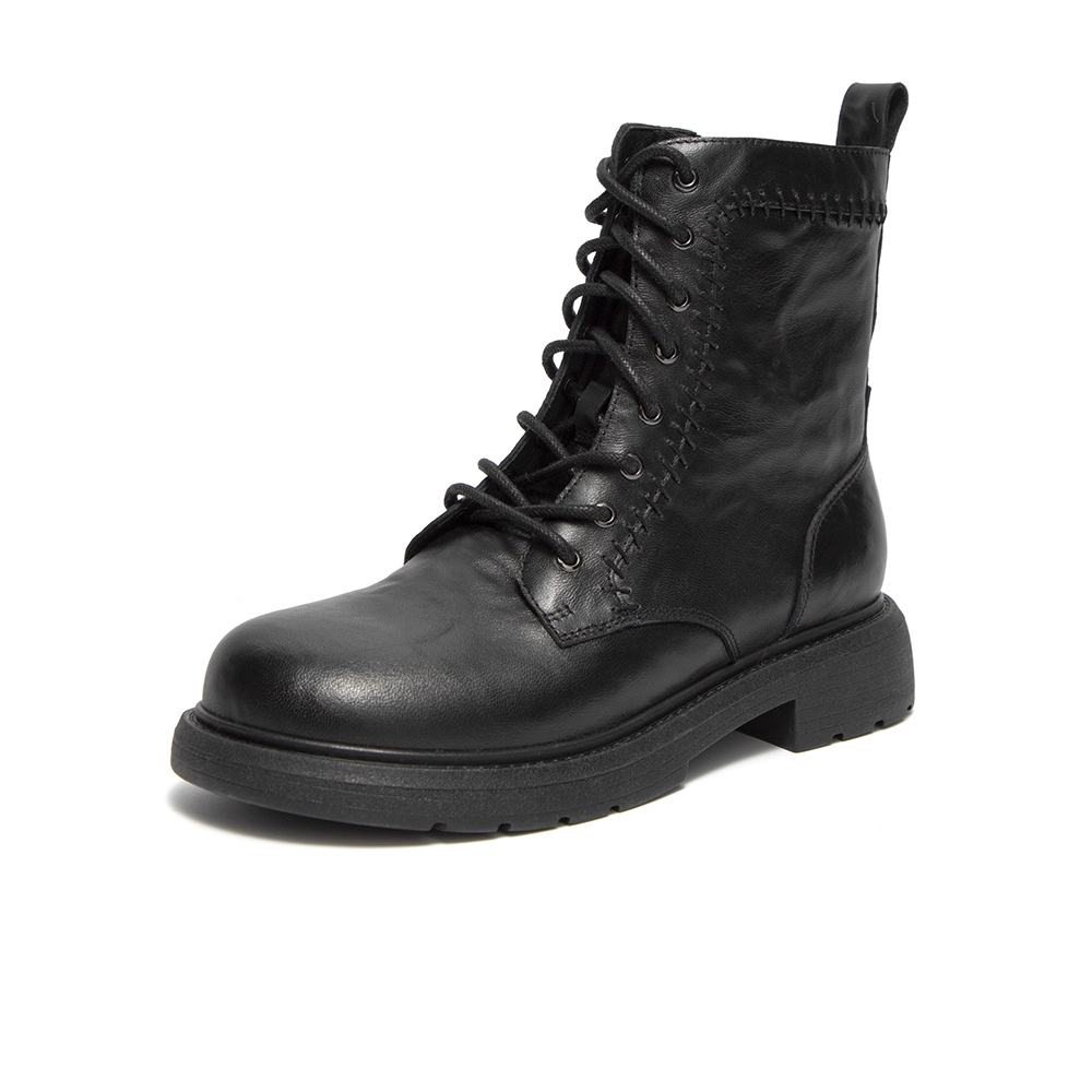 Bata英伦马丁靴女2025冬新款羊皮粗跟绒面百搭短筒靴AD745DD5