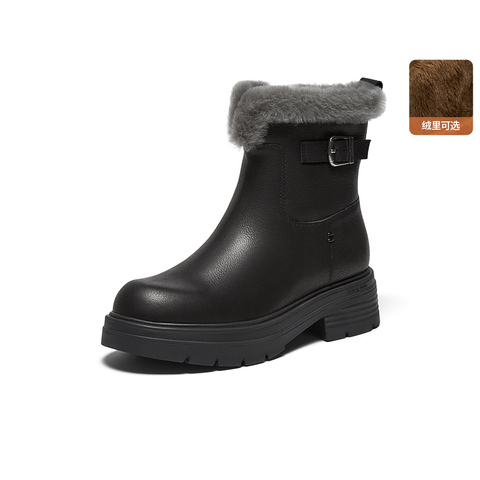 Bata雪地靴女2025冬商场新款牛皮保暖粗跟时尚毛毛短靴AGC44DD5