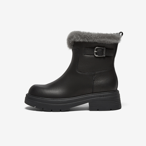 Bata雪地靴女2025冬商场新款牛皮保暖粗跟时尚毛毛短靴AGC44DD5