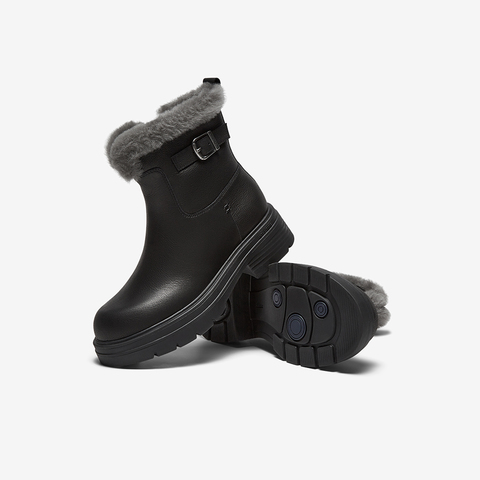 Bata雪地靴女2025冬商场新款牛皮保暖粗跟时尚毛毛短靴AGC44DD5