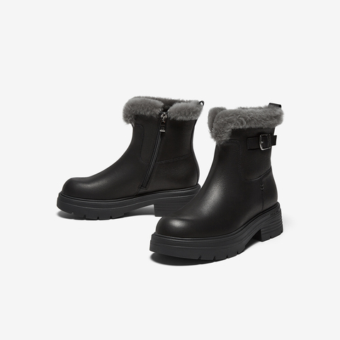 Bata雪地靴女2025冬商场新款牛皮保暖粗跟时尚毛毛短靴AGC44DD5