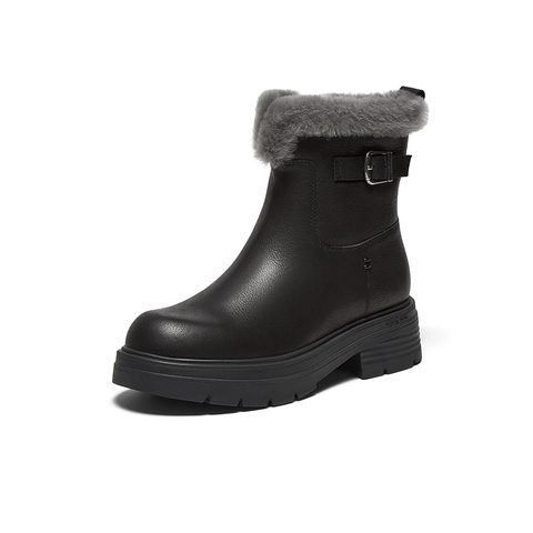 Bata雪地靴女2025冬商场新款牛皮保暖粗跟时尚毛毛短靴AGC44DD5