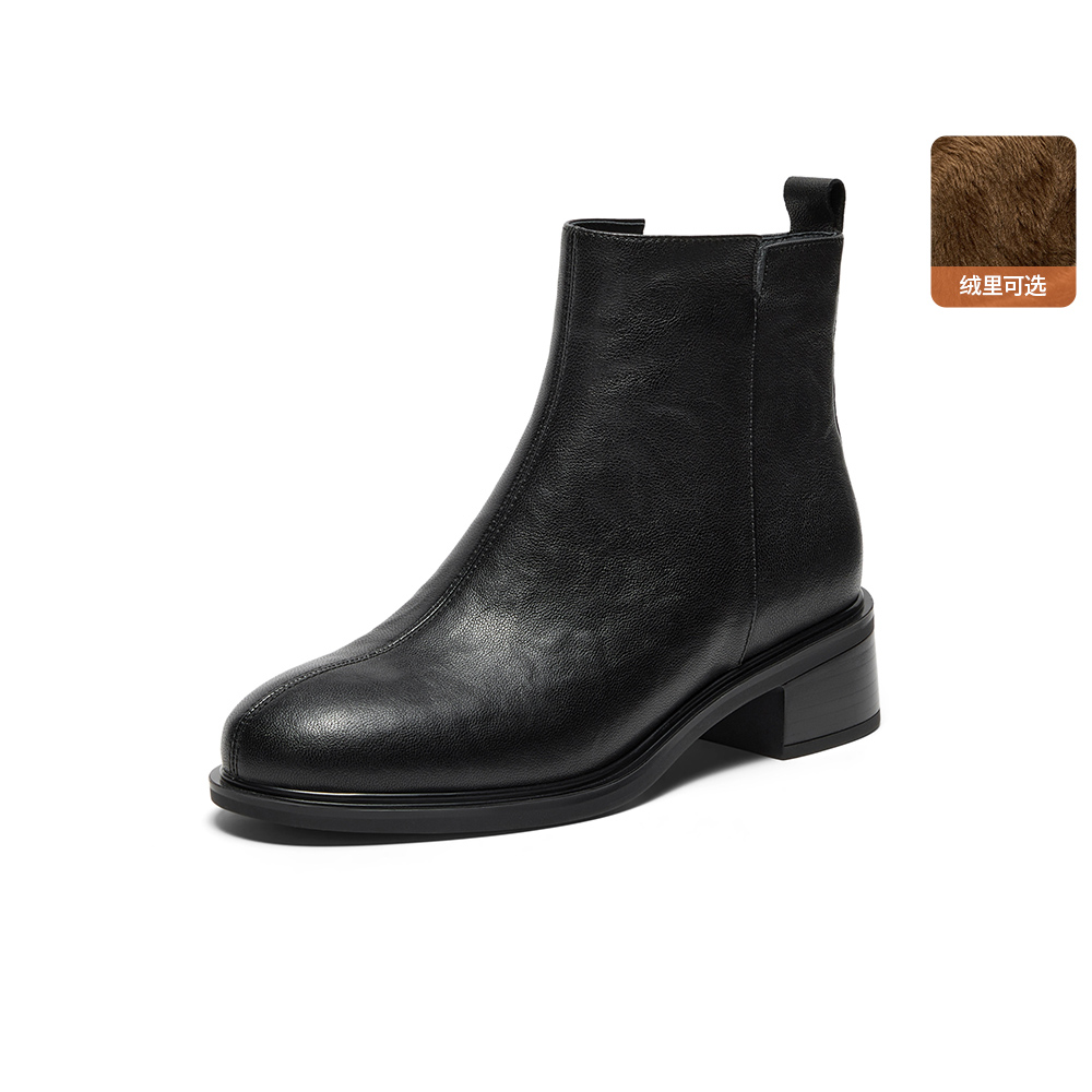 Bata时装靴女2025冬季商场新款粗跟百搭羊皮通勤短筒靴76180DD5