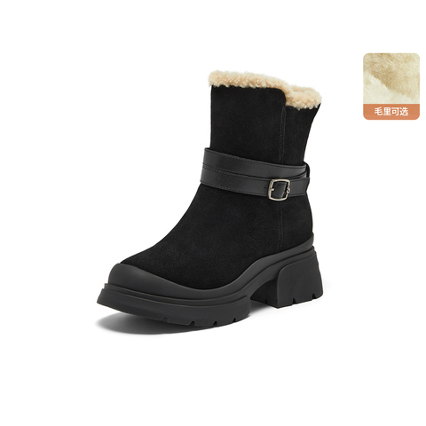 Bata雪地靴女2025冬商场新款牛剖皮保暖粗跟通勤百搭中靴UKI10DZ5