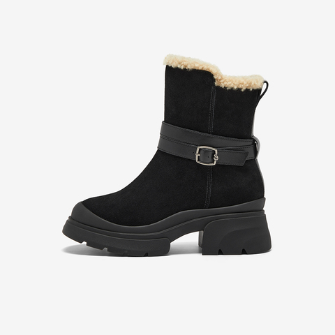 Bata雪地靴女2025冬商场新款牛剖皮保暖粗跟通勤百搭中靴UKI10DZ5