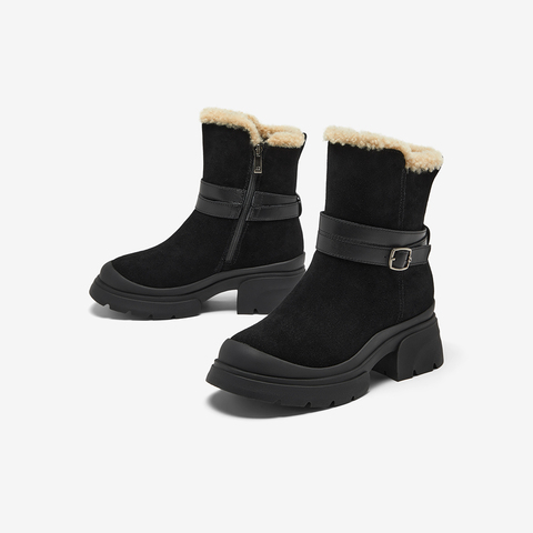 Bata雪地靴女2025冬商场新款牛剖皮保暖粗跟通勤百搭中靴UKI10DZ5