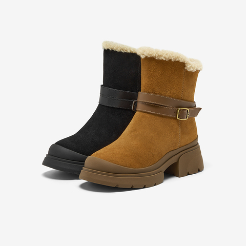 Bata雪地靴女2025冬商场新款牛剖皮保暖粗跟通勤百搭中靴UKI10DZ5