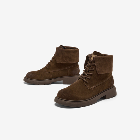 Bata英伦马丁靴女2025冬商场新款牛剖皮粗跟绒面短靴AD742DD5