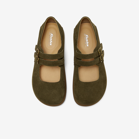 Bata休闲玛丽珍2025秋商场新款牛剖皮娃娃百搭通勤单鞋3092DCQ5