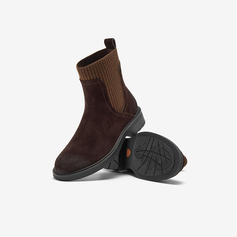 Bata瘦瘦靴女2025冬新款牛剖皮英伦风粗跟袜靴弹力短靴6505ADZ5